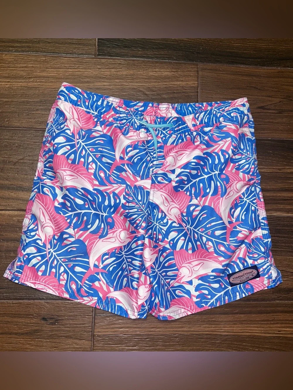 Vineyard Vines Boys Swim Trunks Small 8 10 Blue Pink Marlins Pockets